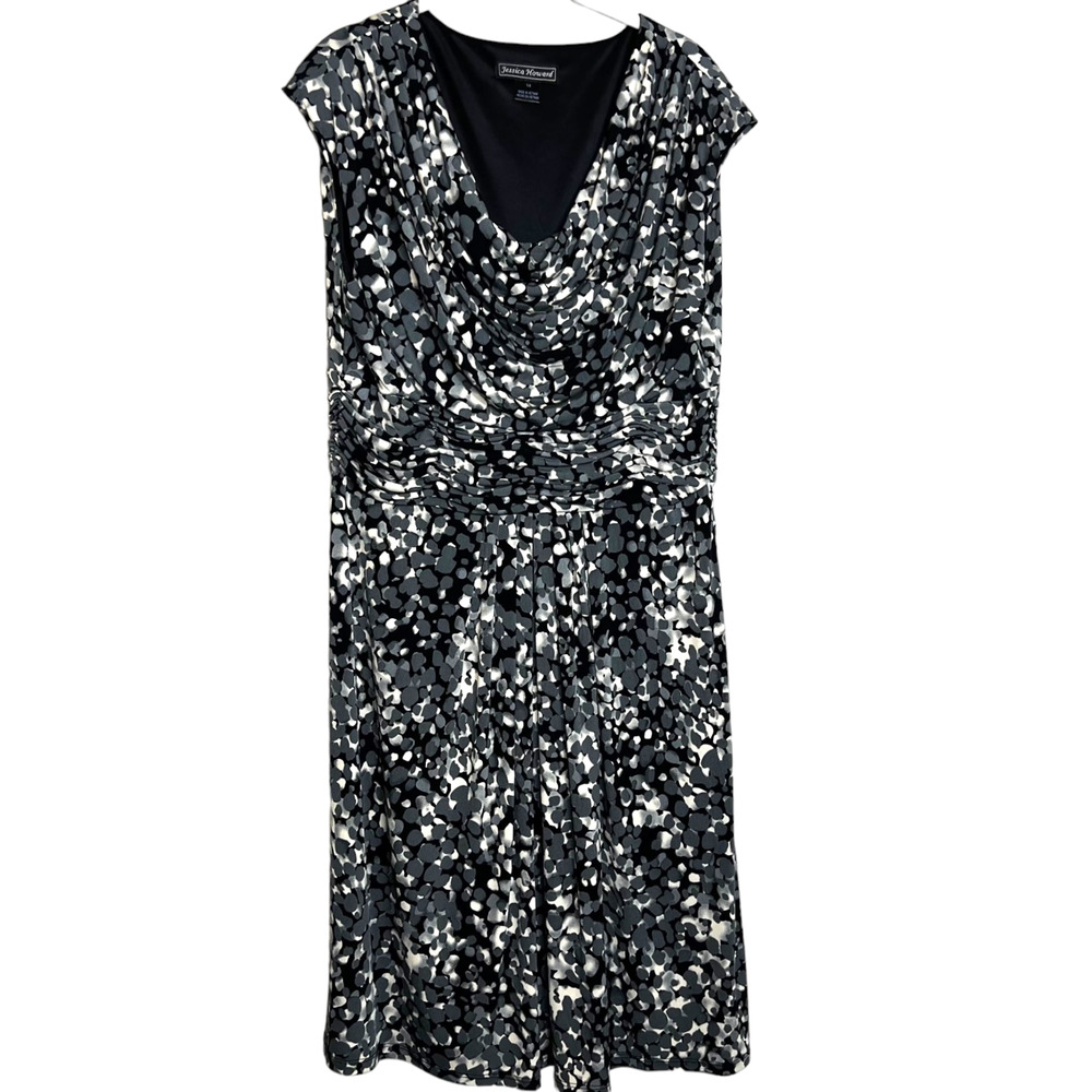 Jessica Howard Womens Sleeveless Dress Size 14 Gray Animal Print Midi Drape Neck